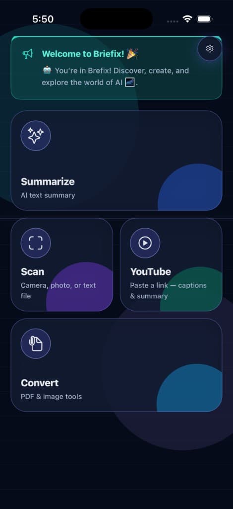 Briefix home with Summarize, Scan, YouTube, and Convert PDF and image tools
