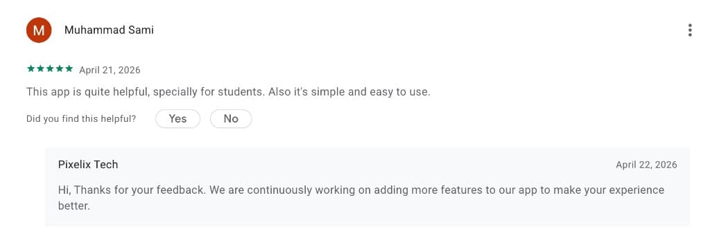 Google Play review by Muhammad Sami - 5 stars - This app is quite helpful, specially for students.